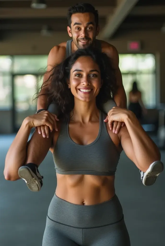a smiling and beautiful Indian actress in gym outfit carrying a large chubby man on her shoulders in a room, man is sitting on top of her shoulders , man on top, woman at bottom 