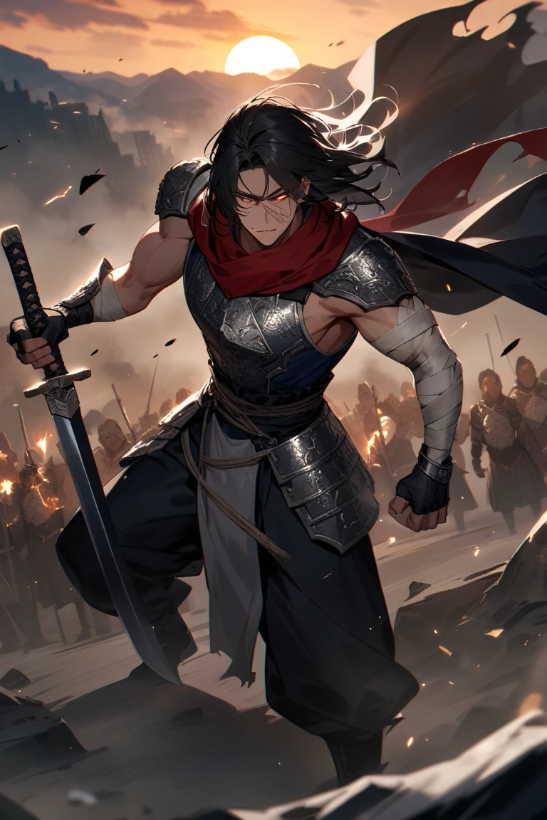 Absurd resolution, high resolution, (masterpiece: 1.4), hyper-detail, ancient China, black long-haired young man kneeling on one knee, sword stuck in his body, stained with blood, seriously wounded (1.3), (roar 1.2), (, warrior in ancient Chinese armor, blood, battle, (set on the battlefield in the desert 1.3), dusk, fire (man 1.5) (knight kneeling position on one knee 1.5)
