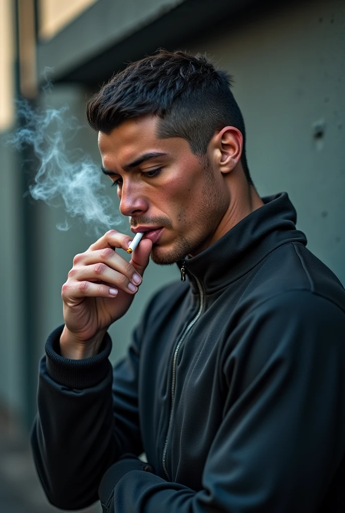 Draw a man with a handsome while smoking cigarettes and wearing black clothes