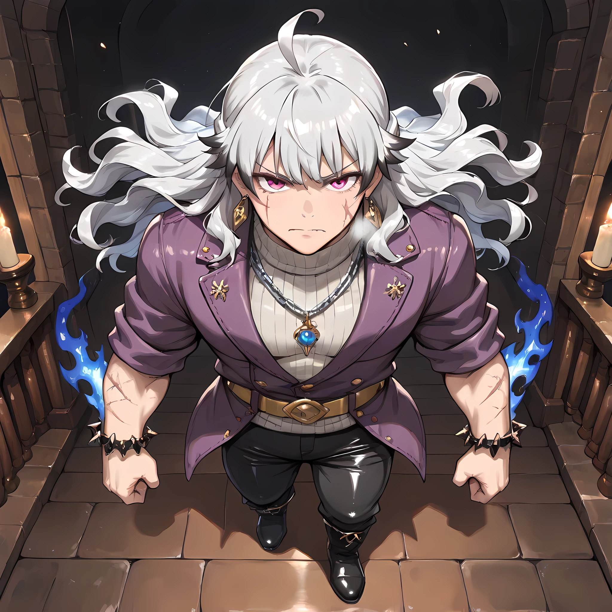 ((Ano Danchi no Tsuma-tachi wa... The style of animated anime:1.4)), {man1}:(man1 similar to Keisuke Baji, wavy hair, mature looking man, strong-bodied man, developed physique, muscular body, purple jacket, gray turtleneck underneath the jacket, gold belt on long pants, black army pants, silver chain attached to the side of the pants, black leather boots, thorn bracelets on the arms, scars on the arms, burn marks on the cheeks to the middle of the neck, earrings with a waning moon pendant, short gray hair quite messy to the height of the ears, hair covering the eyes, hair tips dyed purple, eyebrows in the shape of gray flames, pink eyes, ahoge hair, heavy breathing, serious and intimidating look, sharp fangs) | ((man1 on the balcony of a castle in an epic kingdom, best image quality, best sharpness, best saturation, best vibrancy, best color balance, best shading, full HD, best quality of facial details, fantasy anime style, richly detailed scenery, best resolution, richness of scene details, lighting balance)), (high angle, full body art)