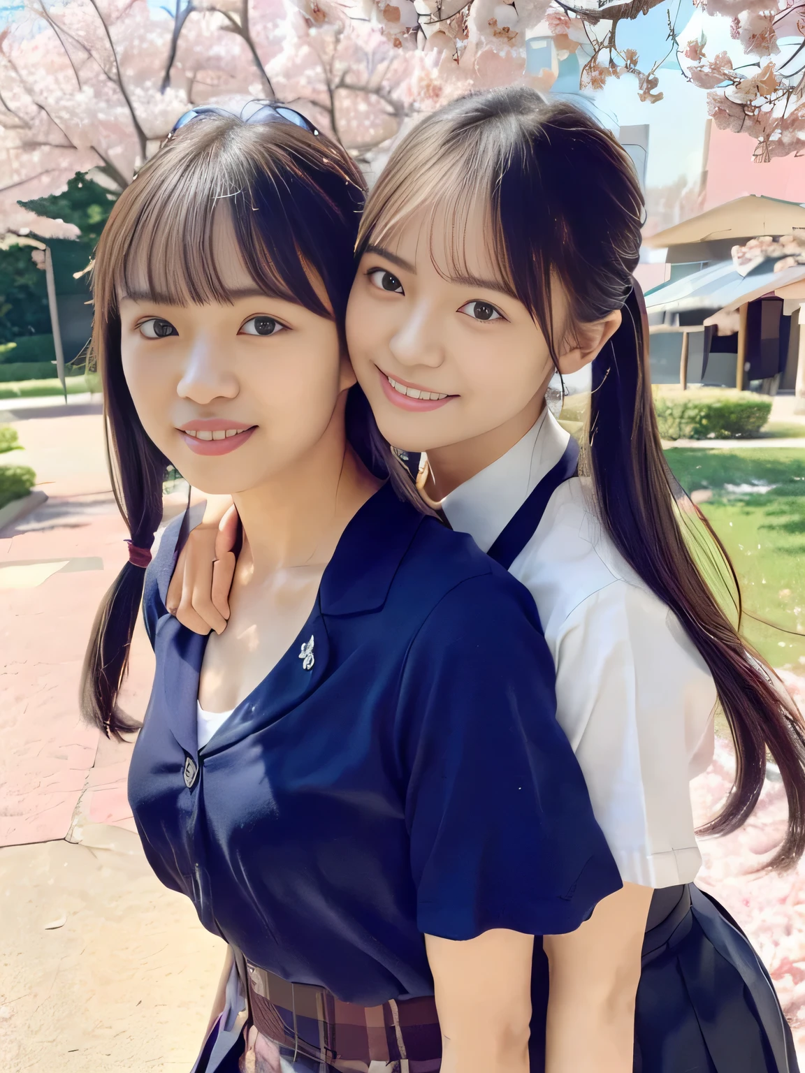 (((School yard 1 .0)))(((scenery with cherry blossoms in the background 1.0)))(((cherry blossoms in full bloom 1.0)))(((Cherry Blossom Fubuki 1.0)))、(((Portrait of a lesbian couple )))、(((best image quality、highest resolution、greatest masterpiece、8k)))、(((detailed face)))(((cute face)))(((Baby Face)))(((Young contour)))((( Lovely facial features)))、((( Blizzard 10 )))(((model figure)))((( Perfect pose line)))、(((Big Breasts 2.0)))(((large cleavage by lapis lazuli 2.5)))(((captivating collarbone 1.0)))(((nsfw)))、(((long straight hair)))(((5 long twin tails.0)))、(((Schoolgirl uniform 1.0)))、(((School-designated student blazer 1.0、collared blouse shirt、pleated skirt 1.0)))(((dynamic posing)))(((random posing)))(((dynamic back hug shot 5.0)))、(((hugging lovingly from behind 2.0)))(((seductive back hug shot 2.0)))、(((Smiling with corners of mouth turned up)))、(((lesbian couple shot)))(((Lesbian couples in love 5.0)))