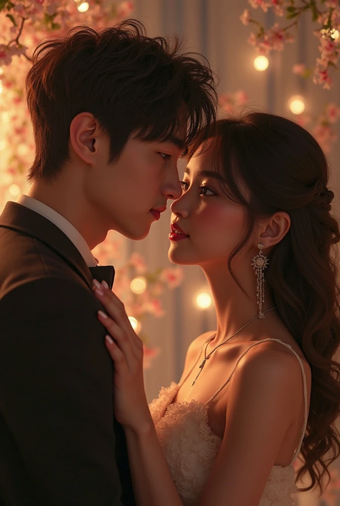 two men, jungkook black tapper hair, in a formal dark suit and taehyung brown soft hair, in a sparkling white dress are gazing at each other. jungkook has a confident posture, while taehyung smiles gently as they hold hands. The background is softly lit, enhancing the romantic atmosphere. Korean text is displayed at the top, suggesting a theme of destiny or connection. The overall image conveys a sense of elegance and emotional intimacy.