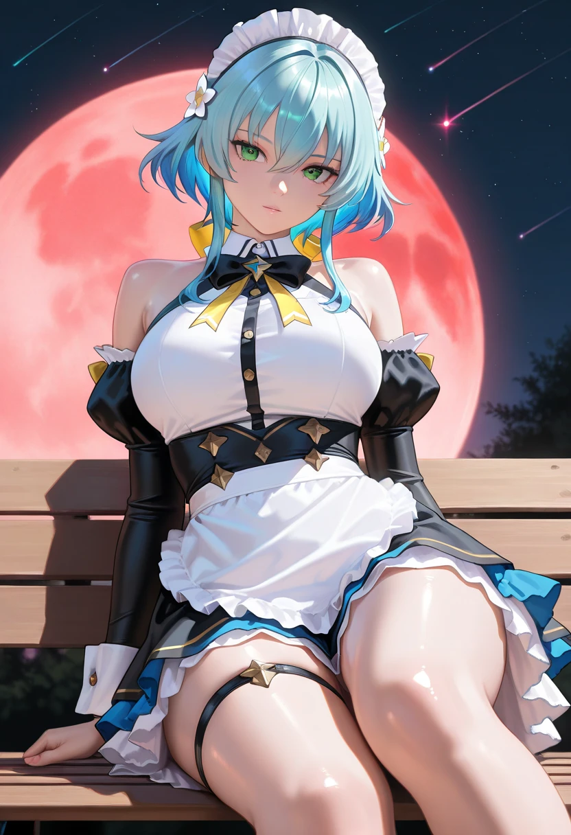 Remilia toho character, (solo), (standing on deck of mansion:1.1), a full moon, BREAK, collarbone, large perky breasts, cleavage, (inconceivably thin waist), (very short thin torso:1.2), very long thin legs, thigh gap, BREAK, white dress with (plunging neckline), (brown wiry corset cinches waist too tight:1.3), too short white miniskirt, (light blue thighhighs), BREAK, nose blush