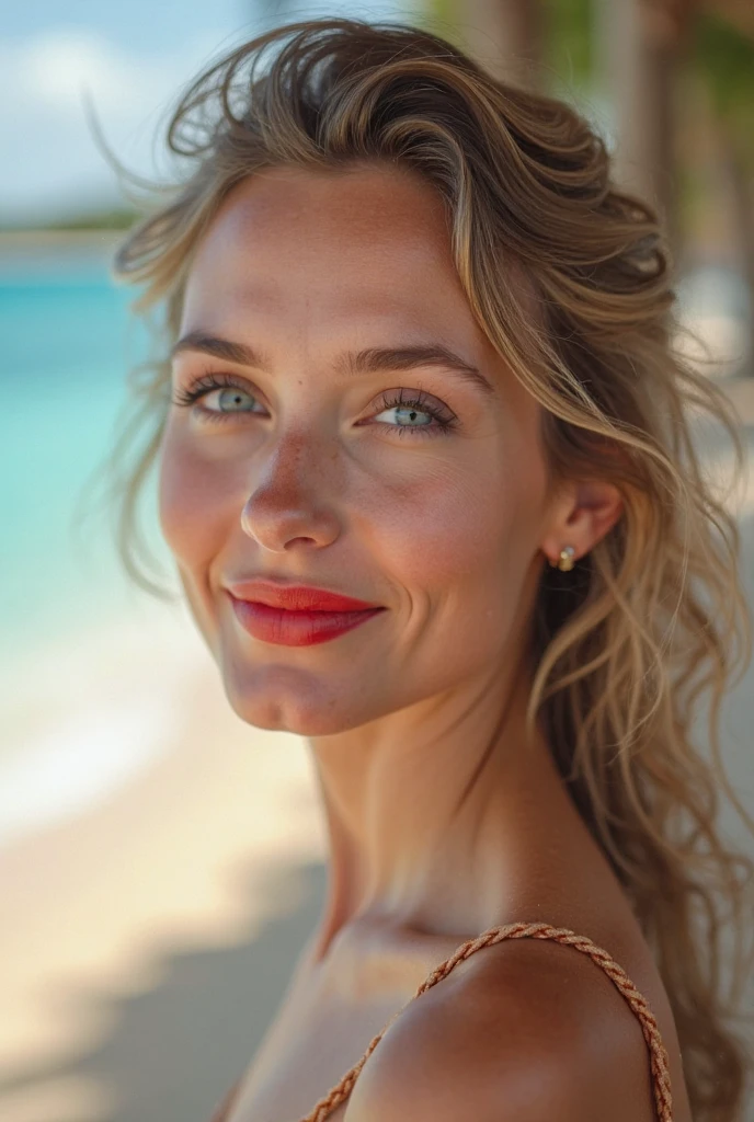 Portrait of a beautiful 25-year-old woman, blonde bob haare , beautiful Germans, shiny metallic red and gold onepiece deepcut swimsuit, am strand, (heller sand, helles und lebendiges Licht: 1.2), shy smile, busty, tanned, soaky wet skin, hairy, nsfw