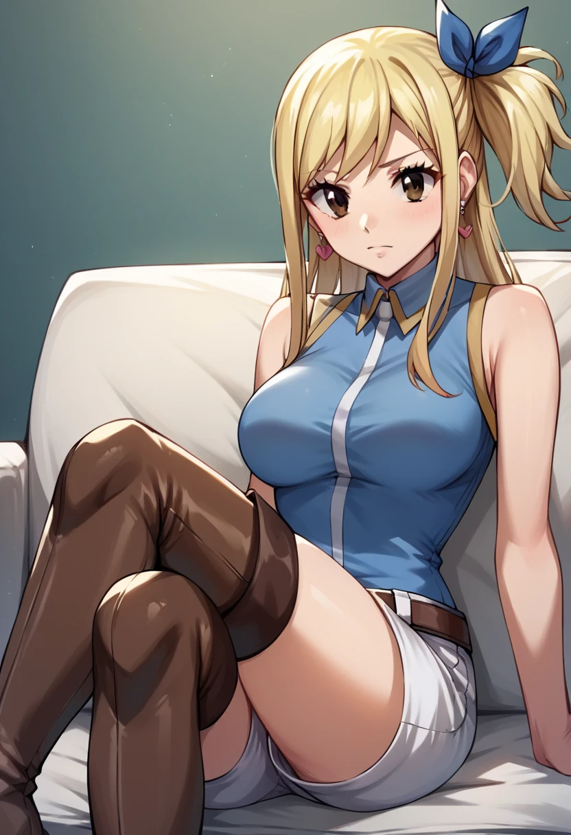 {{{nsfw:1.5}}}, {{{Nude:1.5}}}, masterpiece, high quality, Fine grain, One girl, alone, Lucy Heartfilia, Blonde, Long Hair, Side Ponytail, (Blue Ribbon:0.9), bangs, (Mature Woman, Mature Woman:0.9), (Huge breasts:1.0), (Volupture:1.2), expensive, Long legs, Oily skin, Shiny skin, A light smile, (Muscular:0.7), {{{Sitting with Knees Up on sofa at living, spread legs:1.5}}},{{{skirt lift:1.5, open vagina:1.5}}}, View your viewers, Cowboy Shot, indoor, Godrey, Are standing, Contrasting, belly button , Fabric cutout, Thigh-high boots, bracelet, gloves, (Blue Shirt, Sleeveless shirt), (White short skirt:1.2), choker, (String:0.8), Thigh straps, Heart Earrings, Pointy, bouncy nipples,