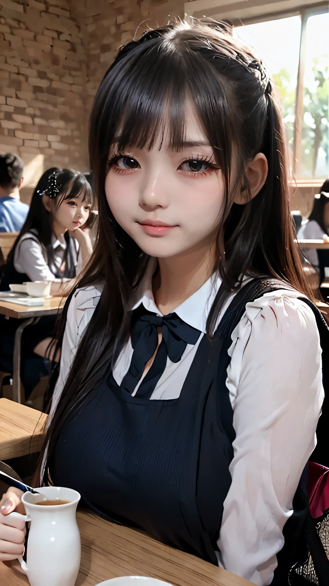 ((Dable Top)), (((Beautiful breasts on the tabletop, Breast bag, breasts on table))), (, Young FacHOOL GIRLS)、(Sleeveless Elegant Outfit、Pencil Skirt), black hair, (Beautiful Girl Sitting In A Stylish Coffee Shop)、((slender body line)), (detailed hands:1.3, perfect right hand:1.3, fine fingertips down to the smallest detail:1.1), top quality, 8k, RAW photos , reality, Ultra Fine, (detailed eyes and face:1.2, professional photography techniques), (looks at the viewer, Mischievous Smile), (perfect anatomy:1.3)