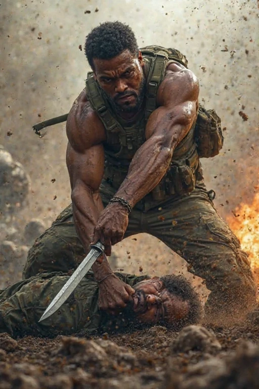 A professional wrestler wearing white make-up fighting against soldiers on the battlefield