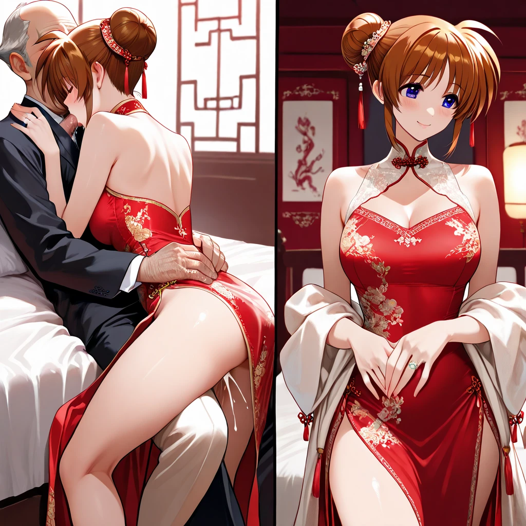 Highly shiny embroidery、Princess in a cheongsam with a crumpled red long-sleeved raincoat、Having sex with the emperor while writhing around on the bed