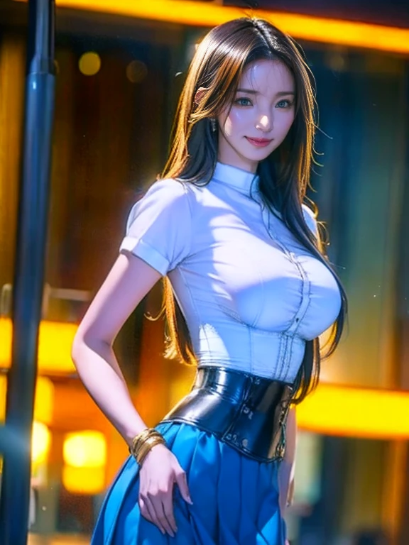 1girl, beautifull face, beautifull eyes, fluffy long hair, medium breast, cleavage, erotic, seductive, black skirt, short skirt, white shirt, short sleeves, fullbody view, looking at viewer, on street, high detailed skin, detailed background, 8k uhd, dslr