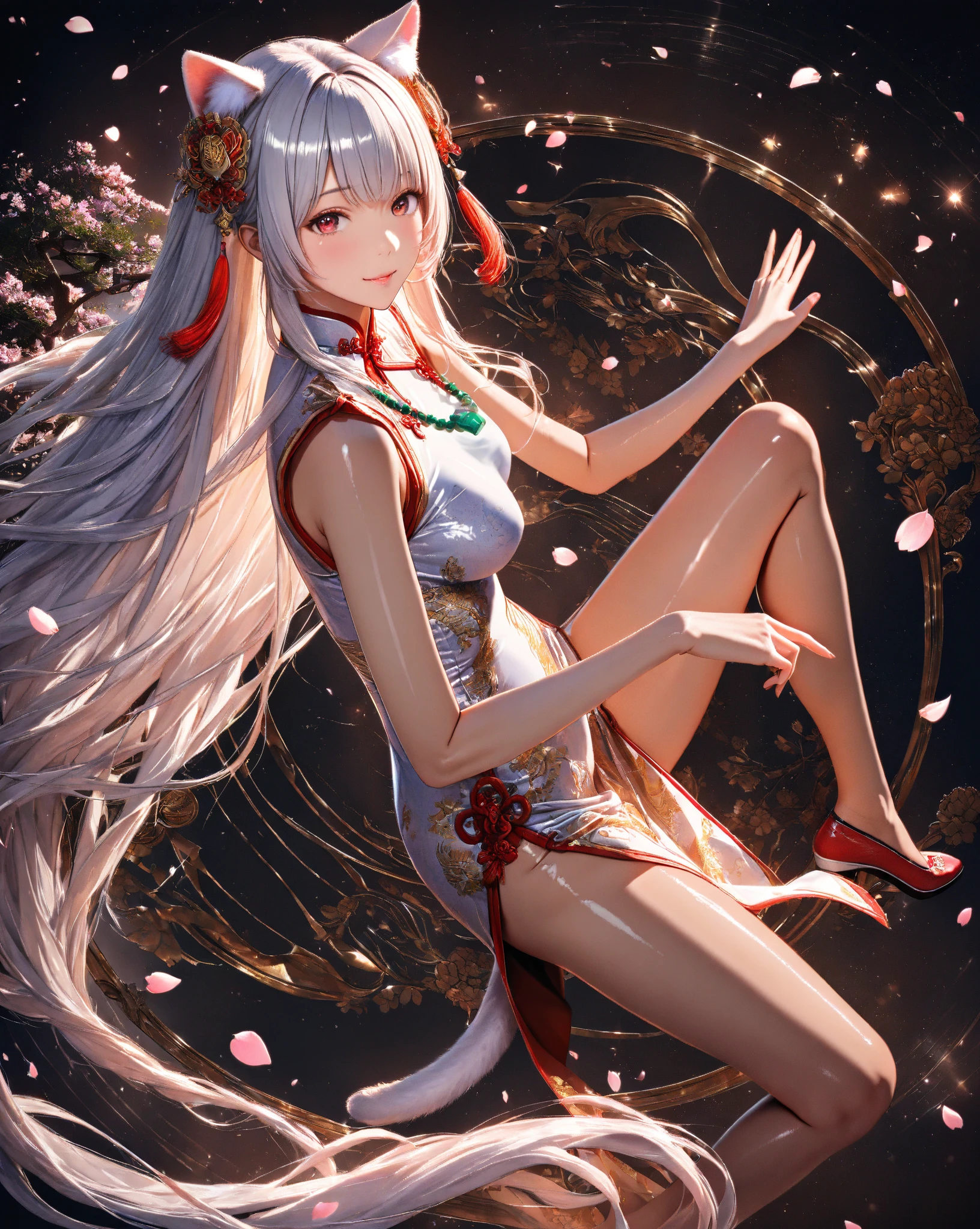 Girl long white hair red eyes big breasts full lips and jewelry in towel on his legs
