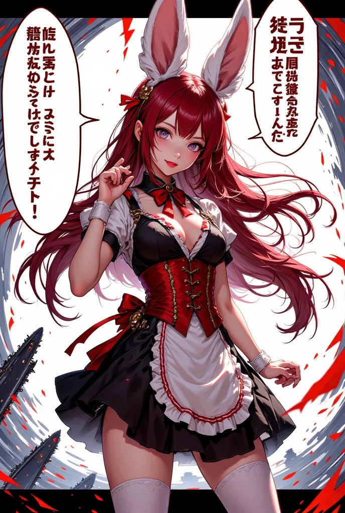 1 girl, demon warrior, enchanting costume,inside school, big breasts, beautiful body, pretty face, medium long hair, cleavage, red lips, smiling face, red ribbon, black boots, boyish, pantyhose, panties, one-piece dress, miniskirt