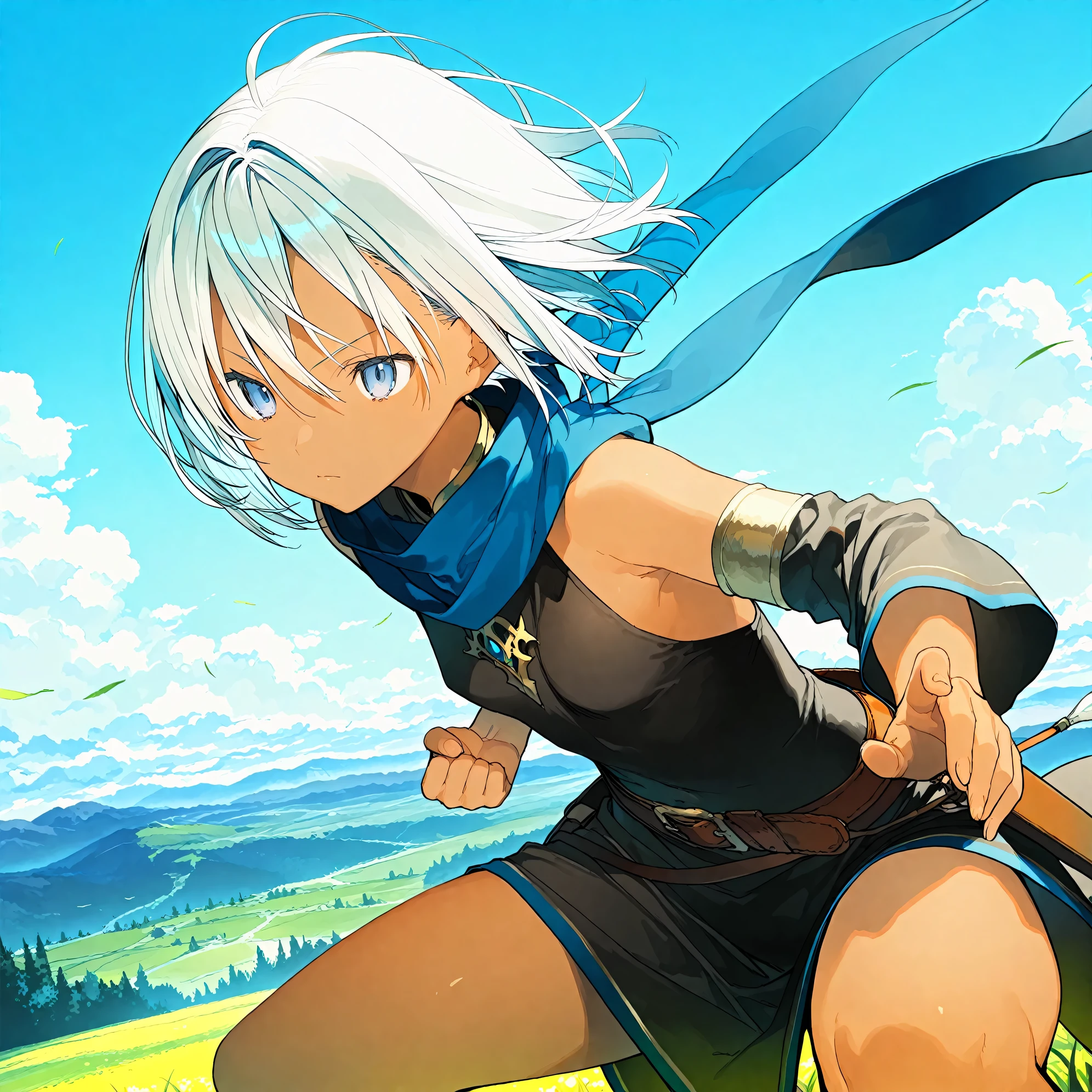 (masterpiece), (best quality), (ultra-detailed),(artist:akinashi_yuu),artist:fujiyama,artist:artist:yuugen,1girl, beautiful detailed eyes, short hair, white hair, dark_skin, stance, outdoors, wind,fantasy,very aesthetic illustration