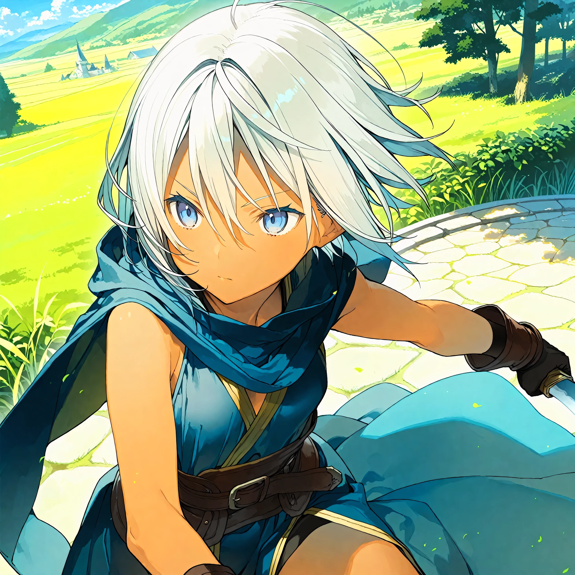 (masterpiece), (best quality), (ultra-detailed),(artist:akinashi_yuu),artist:fujiyama,artist:artist:yuugen,1girl, beautiful detailed eyes, short hair, white hair, dark_skin, stance, outdoors, wind,fantasy,very aesthetic illustration