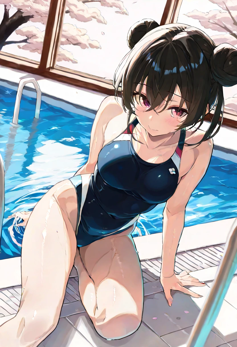 1girl, solo, pool, sports swim suit, small breasts, プールを泳ぐ, クロール, swimcap,