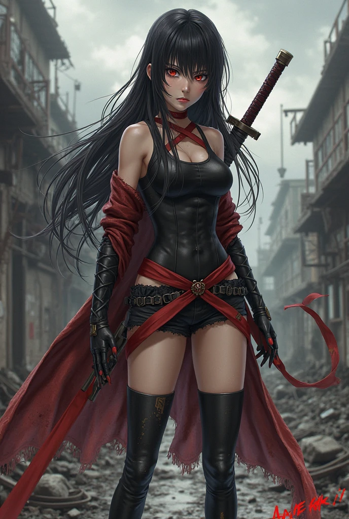 a female character with long black hair, straight hair without curls, Japanese hime hairstyle, pale skin and steely black eyes, exuding a calm, dynamic posture, one leg bent up while holding a long sword across her body, wearing a rather thin and hip-length red high-necked tank top, very short black leather skirt, fishnet stockings on the left leg, black thigh-high stockings on the right leg, brown high boots