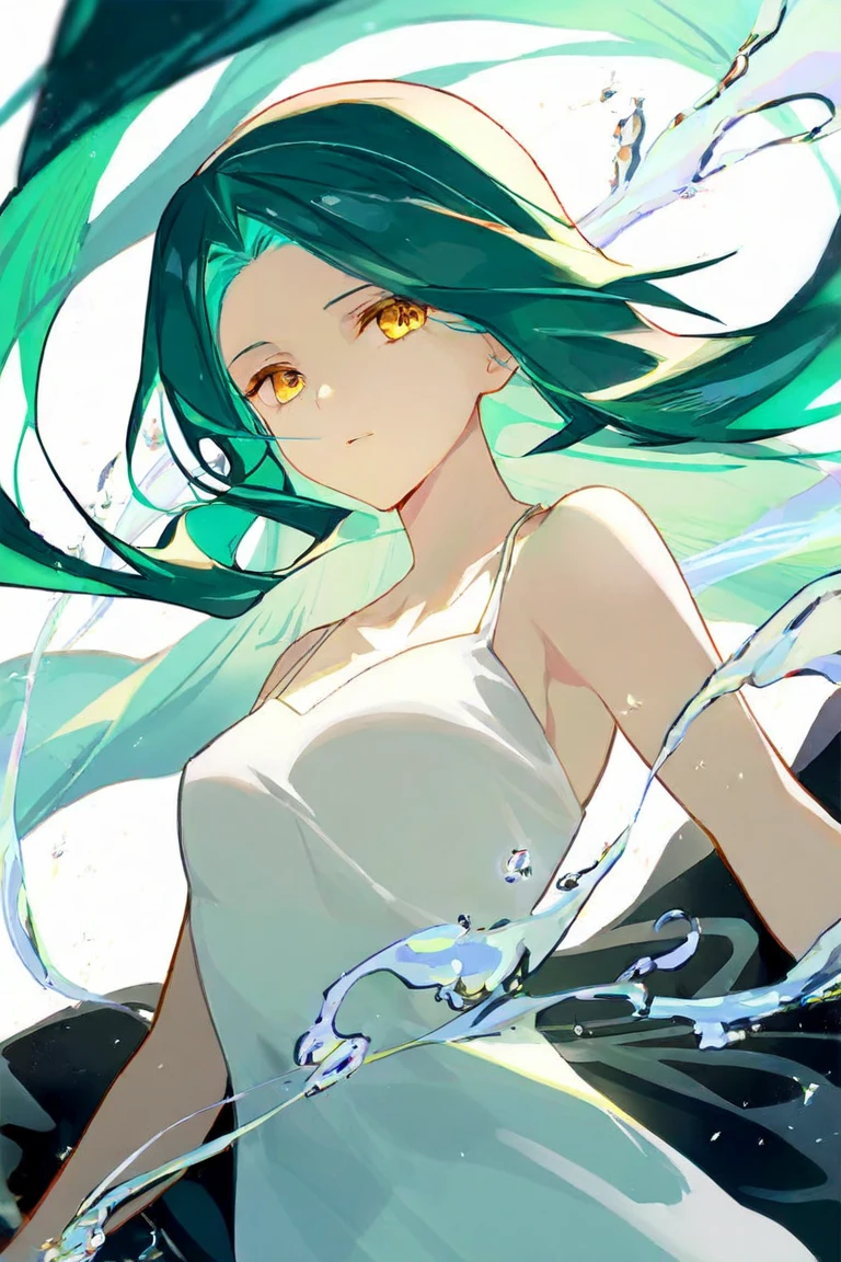 <lora:SayaVN:1> sayavn, green eyes, green hair, very long hair, hair flaps, flat chest, sundress, black ribbon, smile, <lora:kuroboshi_kouhaku_style_v01:1>, absurdres, ultra detailed, masterpiece, best quality, aesthetic, detailed,