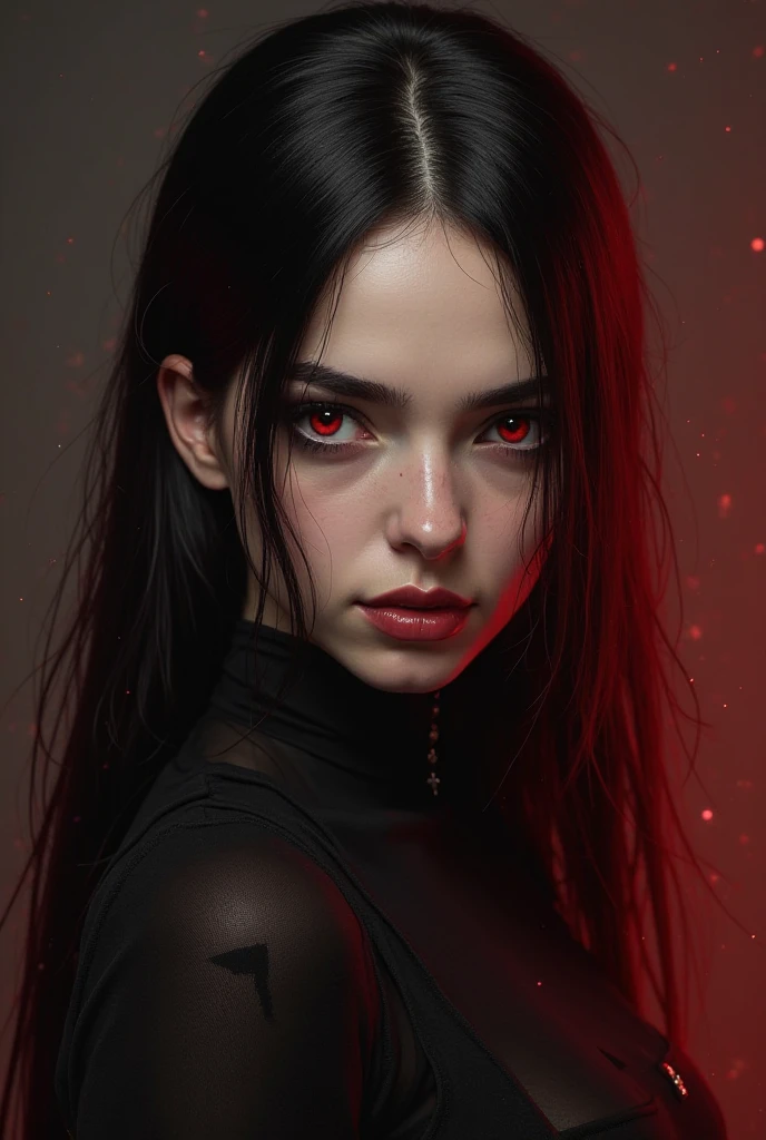 stzd, digital artwork that portrays a mysterious female figure with exaggerated features, rendered in a dark and gloomy color palette. expressionless, with glowing red eyes. The background is a stark contrast of black and vibrant red, with streaks and splatters