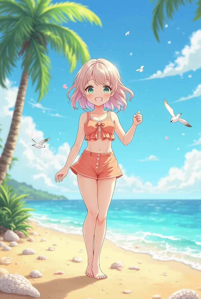 cartoon girl in a bikini standing on the beach with her hands on her hips, realistic bikini, clothing: bikini, Smooth anime CG art, is wearing a Swimwear, Beautiful and attractive anime woman, Girl on the beach, Swimwear, Beautiful and attractive anime teen, Created by Anime Painter Studio, Cute 3D anime girl render, in retro Swimwear, Swimwear