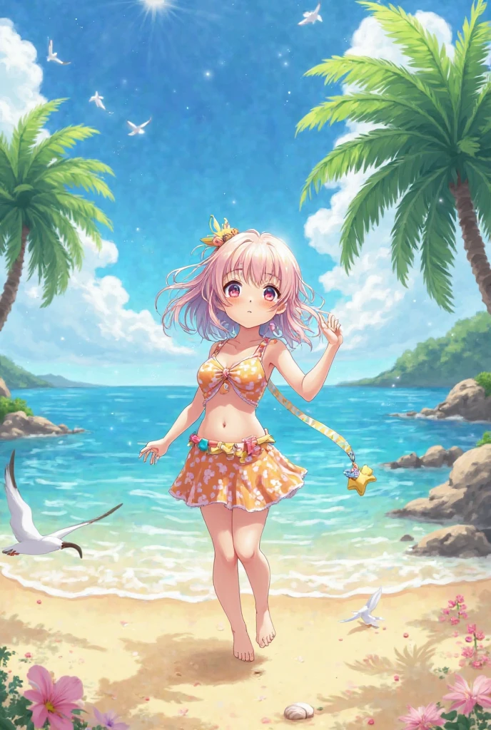 masterpiece, best quality,shiny,chromatic aberration abuse,pastel color,cowboy shot,
1girl,solo, <lora:yuki2-000014:0.5>yukia,smile,blonde hair,yellow eyes, ahoge,short hair,
looking at viewer,standing,mature female,
ocean,beach,trees,flowers,starry sky,rock,sunshine,(on stomach),
<lora:azusaswim:0.7>azusa swim,no shoes,