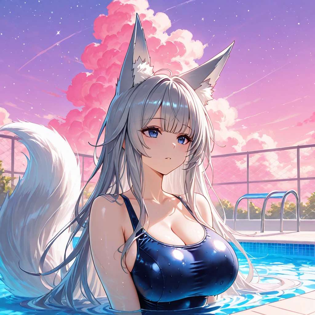 Anime girl. long golden silver hair. golden eyes. partial Nude, massive breasts, Unbuttoned shirt. open shirt. no panties. Legs spread, legs apart. undone hair. loose flowing hair. hair blown in the wind. visible nipples, vagina. sailor fuku uniform. 1girl. alone. outdoors. wet clothing. raining. wet skin. wet hair. laying down. laying on side. full body. stiletto heels