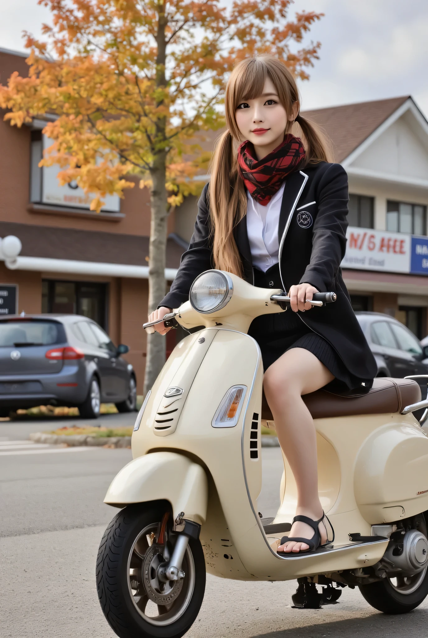 Super Real, photorealistic, dramatic scene, shadow, global lighting, Alone, (Age Famous Japanese Idol Girl), a very pretty delicate Japanese girl, Very beautiful、very cute but cool face like a boy, (very big breasts), Surimi West, (Wears a cute Japanese high school uniform with a white shirt, blazer and skirt), (red ribbon), (Stylish winter coat ), (( a dark red wool scarf with a plaid pattern )), (gloves), twin tails, She is wearing loafers, ( She's in front of a maid cafe cosplay costume shop 、 I'm riding a sporty scooter in pastel colors:1.3), Tree with fallen leaves 々Between、 I can see a little bit of autumn leaves , looks so happy, happy smile, (Shoot from the side),