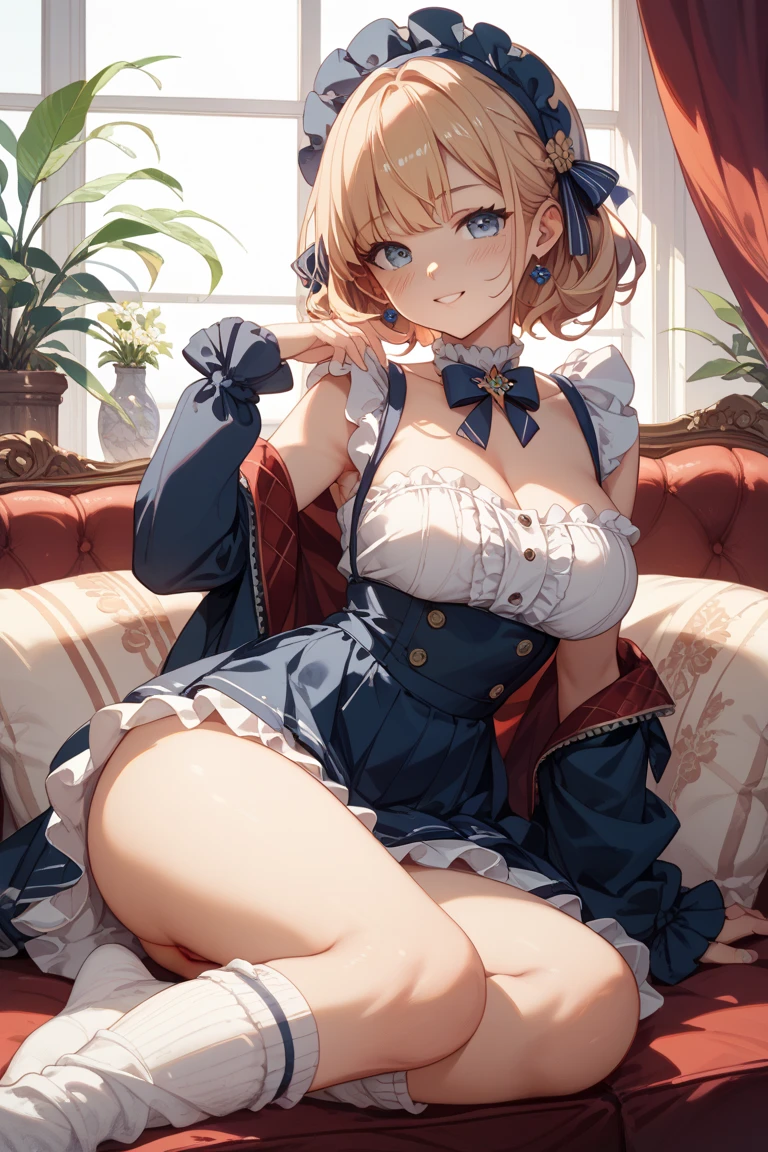 (nsfw), Big Breasts, Uekura, One person, Blonde, White Background, Have, dress, Blue footwear, wing, Simple Background, sign, flower, Manicure, Wide sleeves, Long sleeve, blush, animal, white flower, alone, whole body, bird, View your viewers, High heels, Put your hand on your cheek, put your hand on your face, Frills, bow, bangs, ribbon, Bell, Blue hat, +_+, shoes下, short hair, Grey Eyes, shoes, Blue Claws, feathered wing, blue bow
