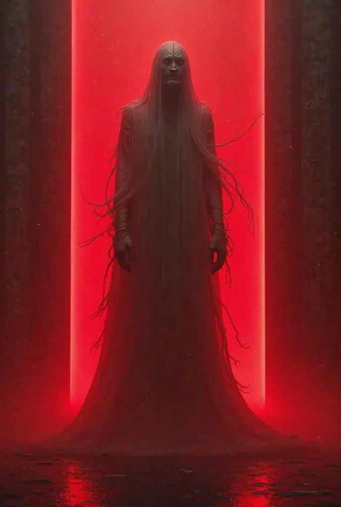 A white ghost with red lighting on the background. Place the white ghost between two building