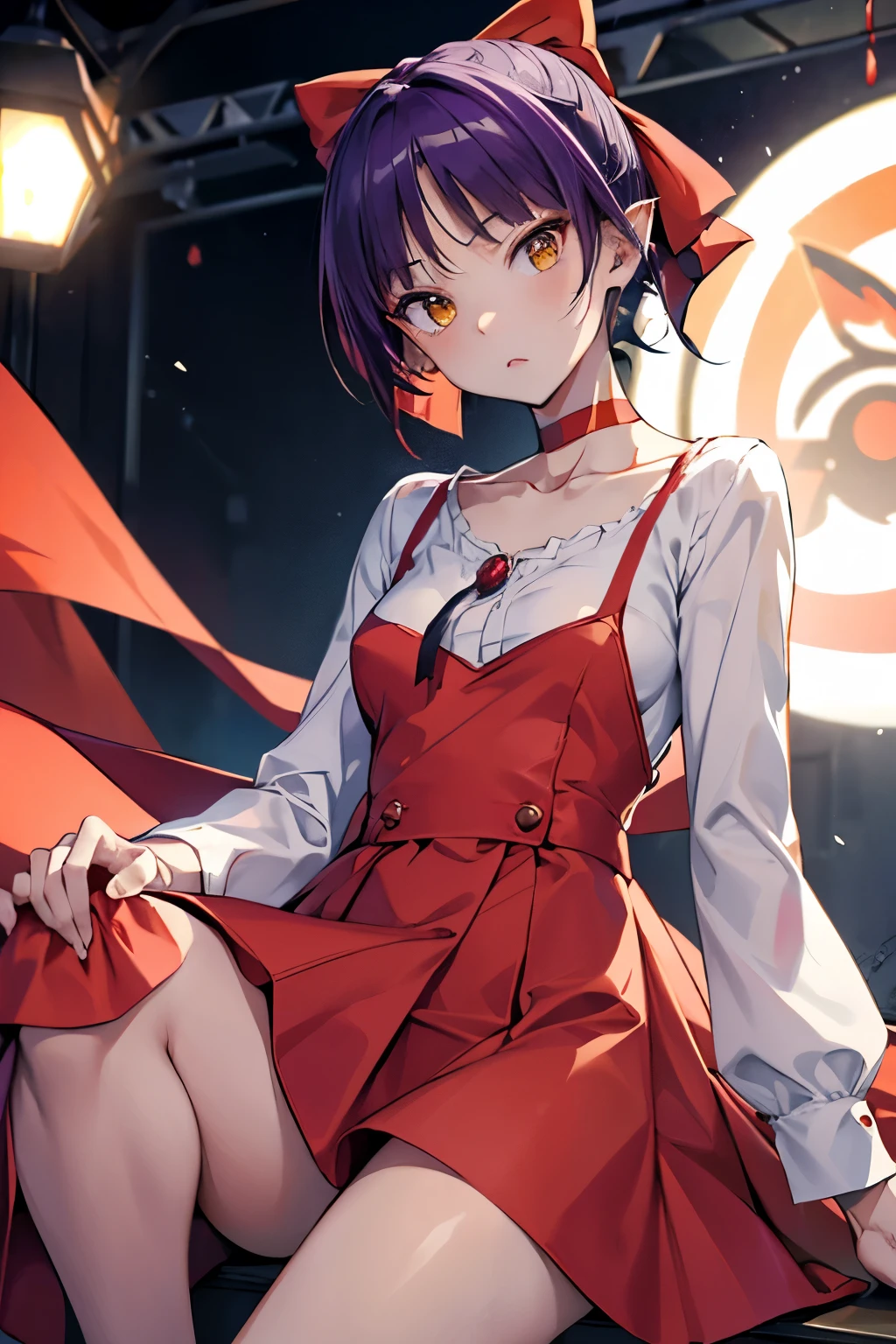 masterpiece,top quality, top quality,  perfect skin, Beautiful attention to detail, detailed face,dynamic lighting,one girl, Viewer, Front  , NMM1,   nekomusume  ,   nekomusume   \( Guitar Gegege 6   \), one girl, purple hair, yellow eyes, alone, red dress, red choker, hair bows, pointed ears, short hair, white shirt, long sleeve, red ribbon, bungs ,  clavicle , brooch,  jewelry,discovery, Focus on Your FACE,  focus on the audience, and stare at the camera, Chin up, putting hands on hips,  ((I look up at the viewer)), masterpiece