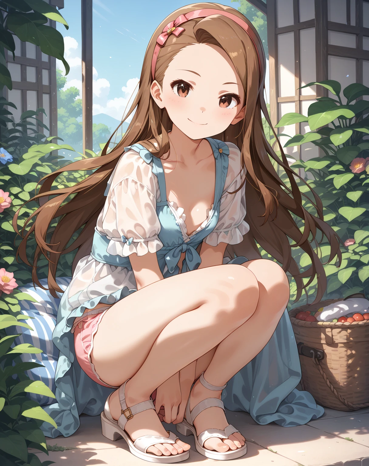 1 young beautiful girl, (20 year old girl:1.3), anime girl, anime CG style, crouching in a flower park, blue sky with white clouds, strong wind, brown hair, gradient hair, 2 bangs, crossed bangs, red bangs, long hair, ponytail, wavy hair, expressive hair, shiny hair, hair flower, hair ornament, butterfly hair ornament, lolita hairband, yellow hairband, pupils sparkling, aqua eyes, crystal earrings, makeup, smile, Natural smile, cutesmile, A captivating smile, (looking at the viewer:1.2), glossy lips, blush, tongue out, bright pupils, seductive smile, happy, beautiful face details, (pretty nose:1.3), green butterfly earrings crystal, large and round breasts, low chest, Elegant dress, turquoise green dress, short sleeves, floral dress with white lace, white bow sandals with flower, yellow panties, (show panties:1.4), (panty shot:1.3), (upskirt:1.3), (squat:1.4), put the heel on the ground, spread her legs a little, squat with her knees up, Attach her butt to the ground, good lighting, Front view, ass pov, close-up, from below, perspective, Wide-Angle, move the center of gravity front, squat deep in the park fields, whole body, perfect body, high detail, dithering, image fill, outside border, f/1.8, 85mm, Nikon, 8K, super detail, uhd, uhd, retina, masterpiece, anatomically correct, textured skin, super detail, high quality, best quality