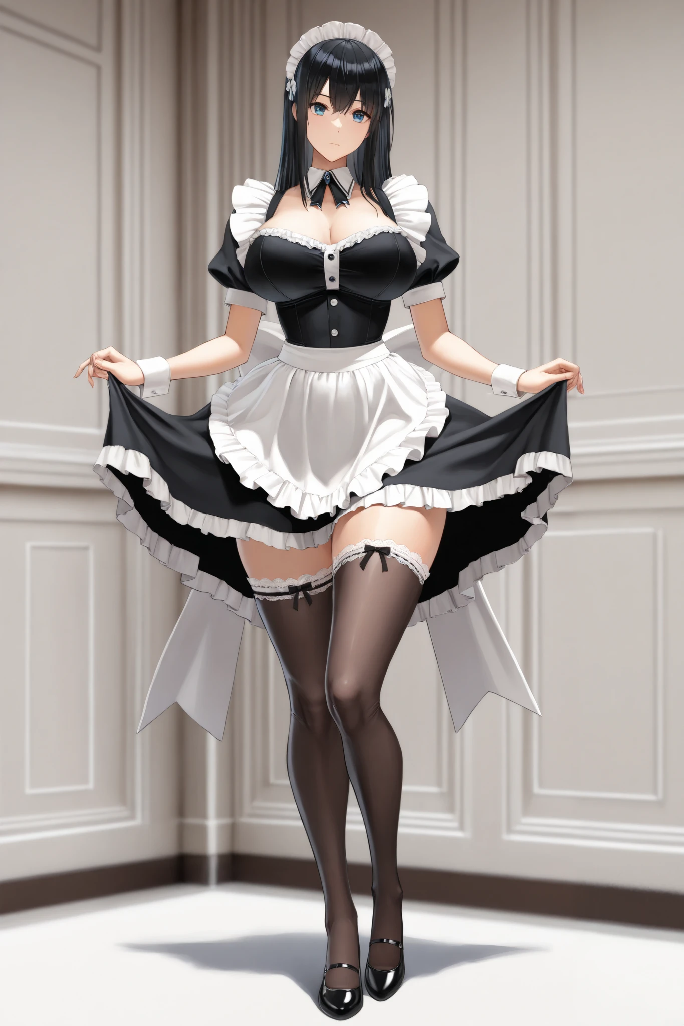 White hair , short hair, pinched eyes, (big-:1.5), Thin legs, thin body, leather collar, Maid outfit victorian, dynamic pose, full body, view from below, wide hips, kneel on the sheet in bed
