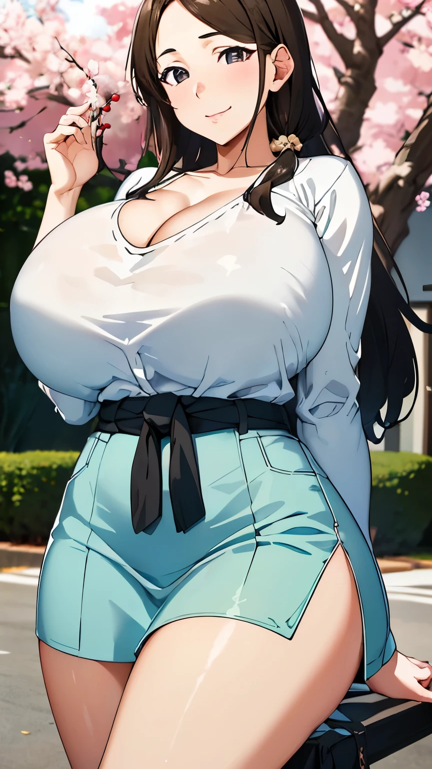 Best Quality, Solo, very curvy, Long ponytail with bangs, Walnut brown eyes, Seductive, Smiling, White dress shirt, bursting buttons, plaid skirt, Bracelet, necklace, wide hips, thick thighs, huge ass, enormous huge natural breasts, shiny skin, revealing cleavage, Curvaceous physique, wide hips, tight clothes
