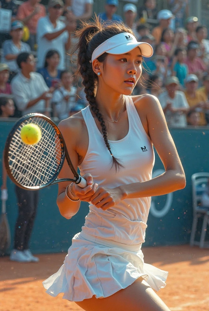 Best Quality, masutepiece, High resolution, (Photorealistic:1.4), Raw photo, 1 beautiful girl ,Dynamic Angle,Female　Tennis player,Skirt ,small head, Glowing skin, Sweat,At the tennis venue,(Detailed beautiful face:1.4),detailed skins,Detailed eyes,detailed hairs,Cool,Beautiful,nice legs,