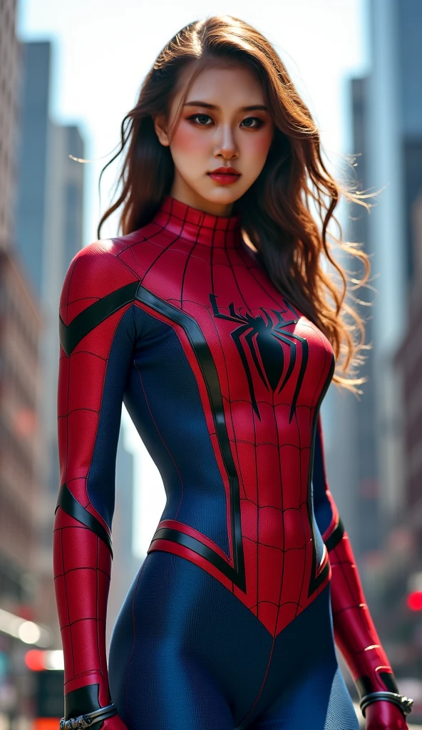 POV: sexy cute beautiful (tiny Amouranth) in front of you, (((huge breasts))), (slim thick), (skinny), ((ultra-detailed)), (photorealistic), 8k, curvy accentuated body, at a street, raining, (small waist), (((wide hips))), 25 years old, smiling, ((tight Marvel's Spiderman suit))
