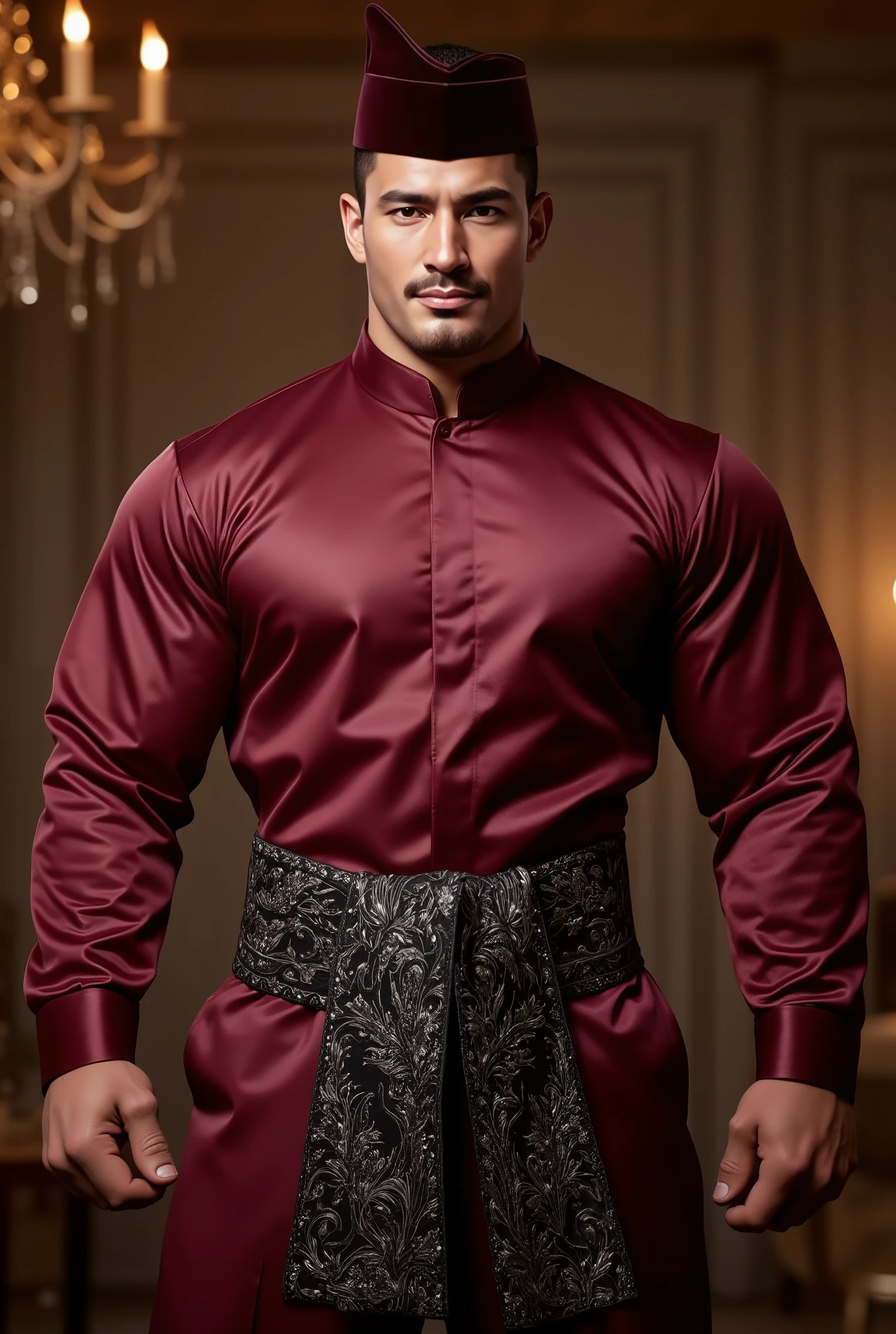 Masterpiece, Accurate, Award Winning, Best Quality, Extremely Detailed, 8K, HD, Super-Resolution, Realistic Textured Fabric and Skin. A powerfully built Southeast Asian man with a dark tan complexion, thick muscular frame, broad shoulders, a deep, sculpted chest, and massive, veined arms. His face features strong, rounded Malay characteristics—high cheekbones, a wider nose, full lips, and deep-set, almond-shaped dark brown eyes framed by thick, naturally arched brows. A neatly trimmed mustache and goatee enhance his masculine presence, his confident smile exuding warmth and authority. He wears a deep burgundy long-sleeved tunic with a stiff, high-standing collar, its rich fabric stretched over his muscular torso, paired with matching tailored trousers. Wrapped fully around his hips is an ornately woven black decorative cloth with intricate silver metallic patterns, secured in a precise fold at the front, encircling his waist completely and draping naturally to his knees, subtly accentuating his powerful legs. Resting atop his head is a sleek, burgundy velvet headpiece with an elliptical shape, featuring a subtle crease at the front and back, forming gentle rounded points. The luxurious fabric of his attire catches the warm, ambient lighting, enhancing its fine embroidery and subtle sheen. The background is softly illuminated, casting a festive, elegant atmosphere, reinforcing his strong and dignified presence.