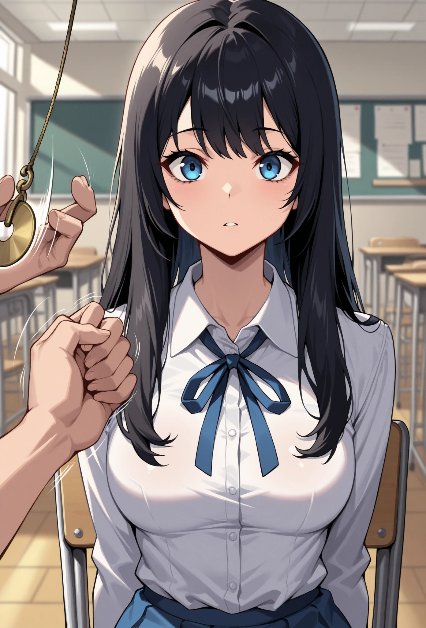 (masterpiece, ultra high definition, 16k, RAW photo, intricate), sharp focus, crisp details, 1girl , black hair, long hair, (Neat hair), shiny hair, blue eyes, medium breasts, school uniform, white shirt, blue neck ribbon, blue skirt, ( Classroom at a School with No One), school chair, sitting chair, Pendulum before her face, Swinging pendulum, Another person's hand holds a pendulum, motion line, motion Effect, ( the girl sees the viewer :1), facing viewer, straight-on, (upper body), blur the background, simple background