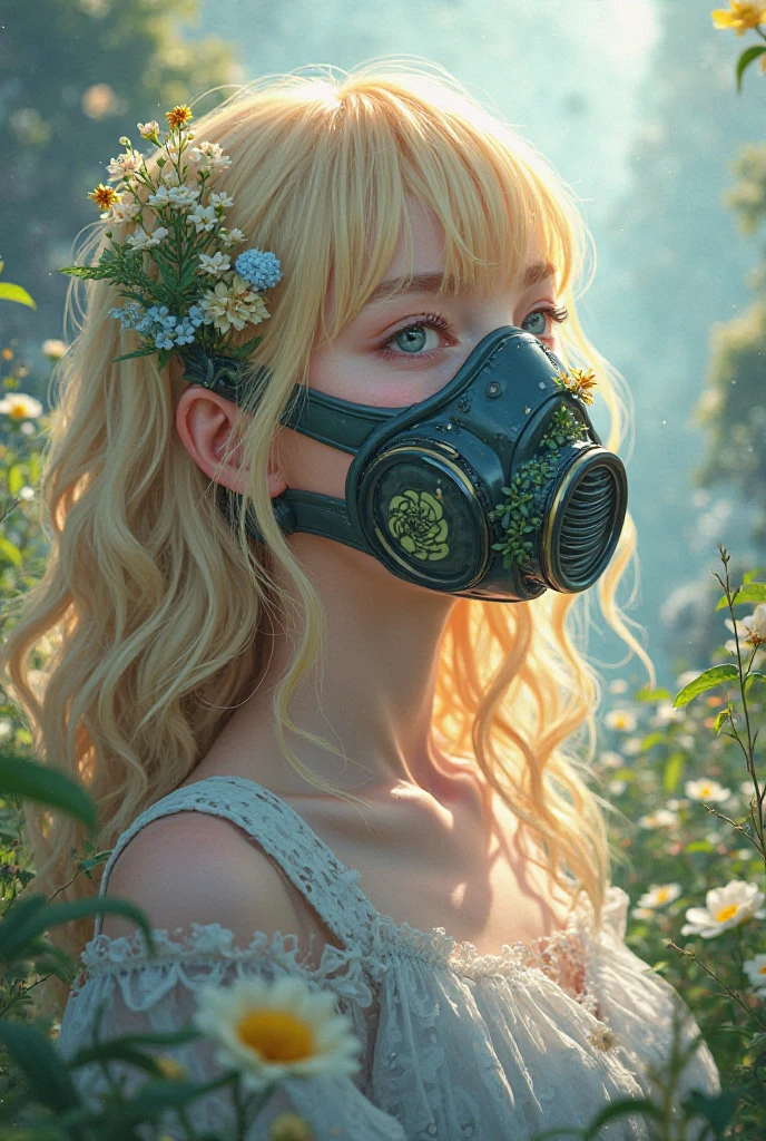 (tmasterpiece several style, best quality, day), 1cute kawai girl, portrait type photo, peach, skinny, thirsty, dark blonde dutch braid, mask, pond background, Dazzling, trending on ArtStation, nsfw double exposure, Psychedelic art style, divides into two distinct realms, stark contrast between the light and the dark