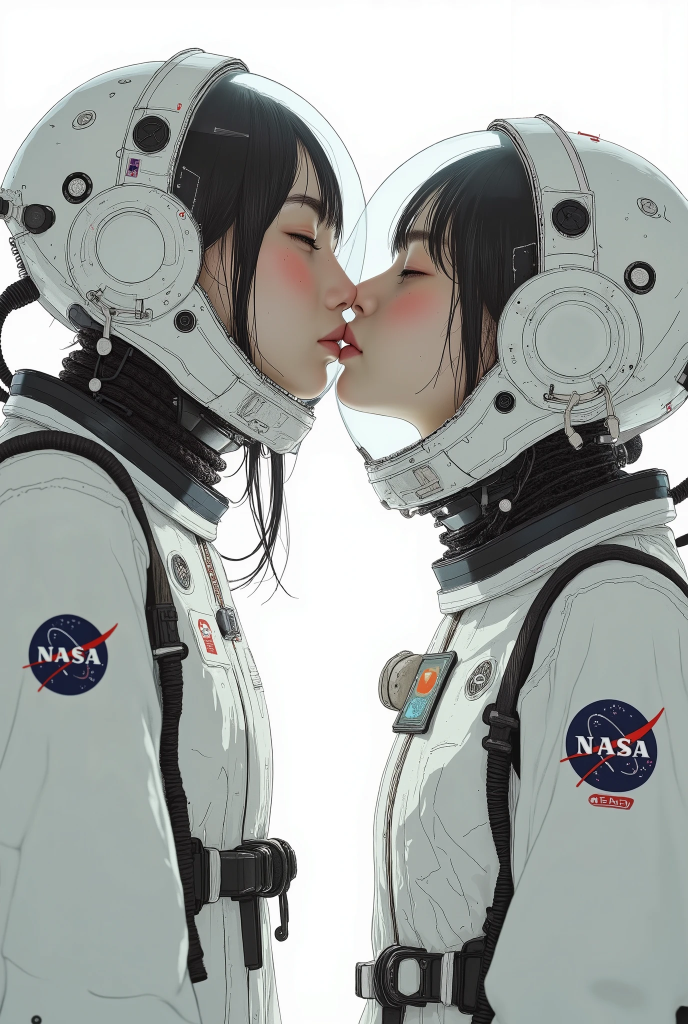 Two women, an Asian astronaut in her space suit and a British freediver with her hair tied in a bun in her white neoprene suit, together hugging and about to kiss lovingly.
