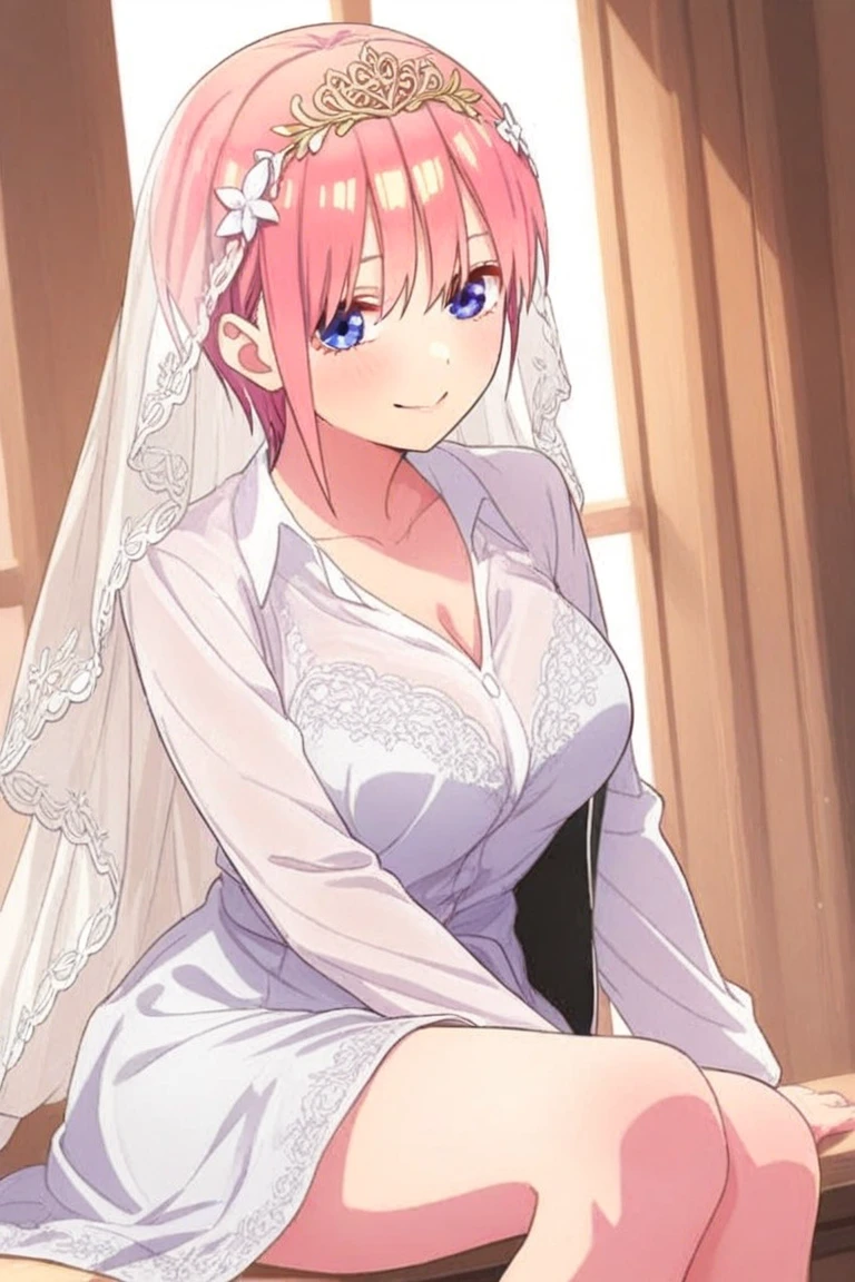 1girl, alone, ichika nakano, short hair, bangs, blue eyes, hair between eyes, pink hair, earrings, BREAK gloves, dress, neckline, bare shoulders, collarbone, elbow-length gloves, white gloves, white dress, strapless, tiara, veil, strapless dress, wedding dress, wedding veil, REST inside, church, BREAK looking at viewer, BREAK, (masterpiece), best quality, high resolution, unity 8k wallpaper, extremely detailed face, perfect lighting, extremely detailed CG (perfect hands, perfect anatomy), large breasts, medium waist, wide hips ,wide thighs