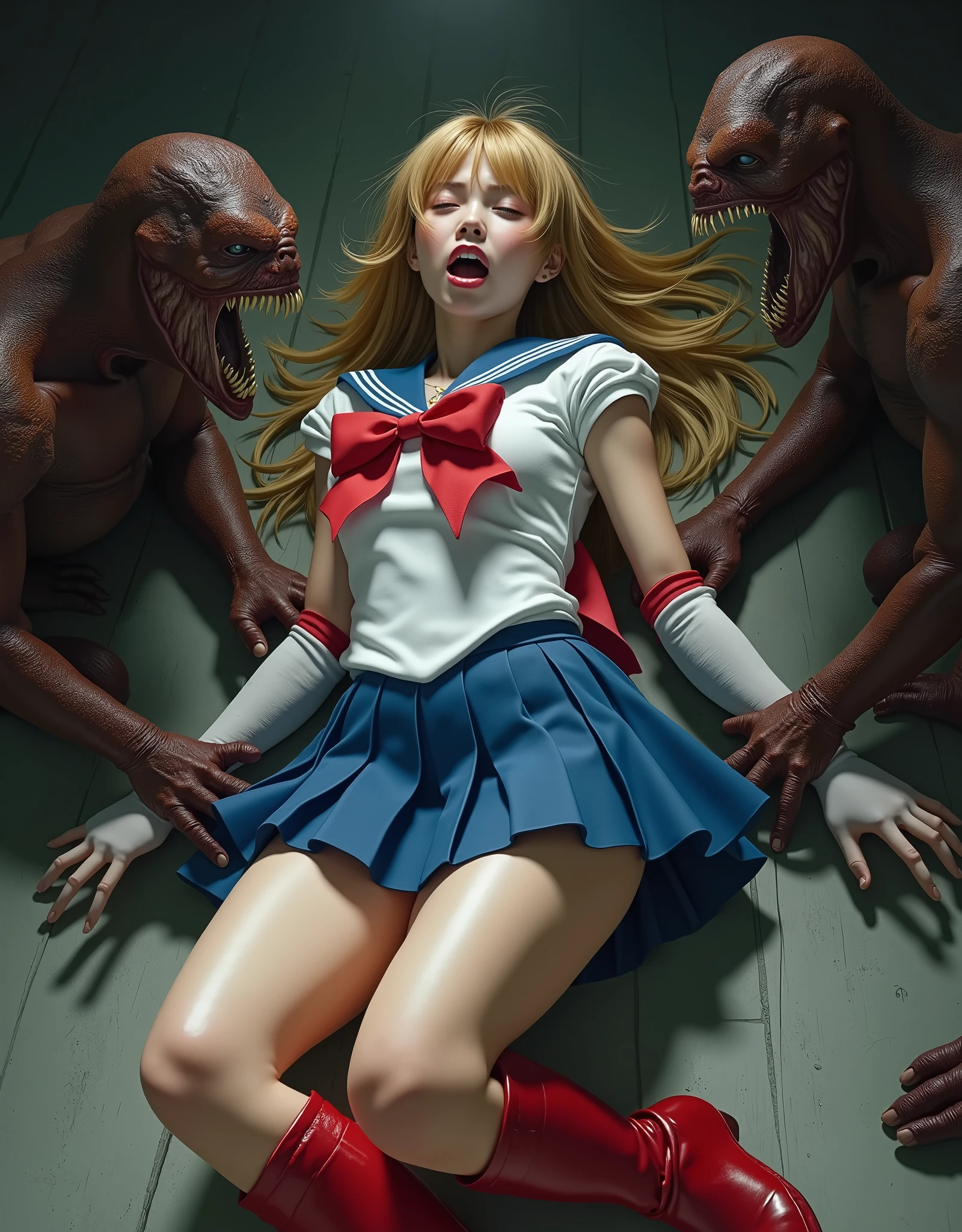 Hyperrealism, masterpiece, highest quality, A young Japanese woman is lying on the floor, ((she is crying and screaming in pain)), tears from her eyes, painful face, she is wearing a Sailor Moon costume, Blue sailor collar, Blue short mini pleated skirt, she is wearing a very short blue mini pleated skirt, (upskirt), Long white gloves, shiny beige color pantyhose, Exposed thighs, red long boots, big choker, long blonde Hair, 1 devil hold her wrists, another one is kneeling between her legs,