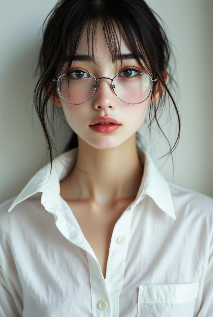 ((top quality)), ((傑top quality、masterpiece、high sensitivity、high resolution、detailed description、describe a delicate face)),( Slender Woman、 wears glasses、)white shirt、shirt that sits at school is unbuttoned、chest is visible、