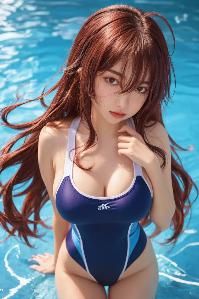 ((masutepiece)), ((Best quality)), (Ultra-detailed), ((kawaii)), Cute, (lovly), ((Sexy)), (Ero), ((Extremely detailed)), 4K, (8K), Best quality, (Beautiful), from below looking up, araffe asian woman in a blue bikini posing in the water, Swimsuit, Blue Bikini, in bikini, wearing two - piece swimsuit, sling bikini, Japanese Models, oppai, wearing a swimming wear, Cute Bikini, Wet swimsuit, sakimichan, gorgeous bikini model, perfect body type, Big breasts with tension、【hugetits:1.9】、Cute drooping eyes、Beautiful big eyes、Sweaty and wet、【sexual excitement:1.6】、(the whole body is wet:1.2)、Light in the eyes、short-hair、hi-school girl、swimming pools、dynamicposes