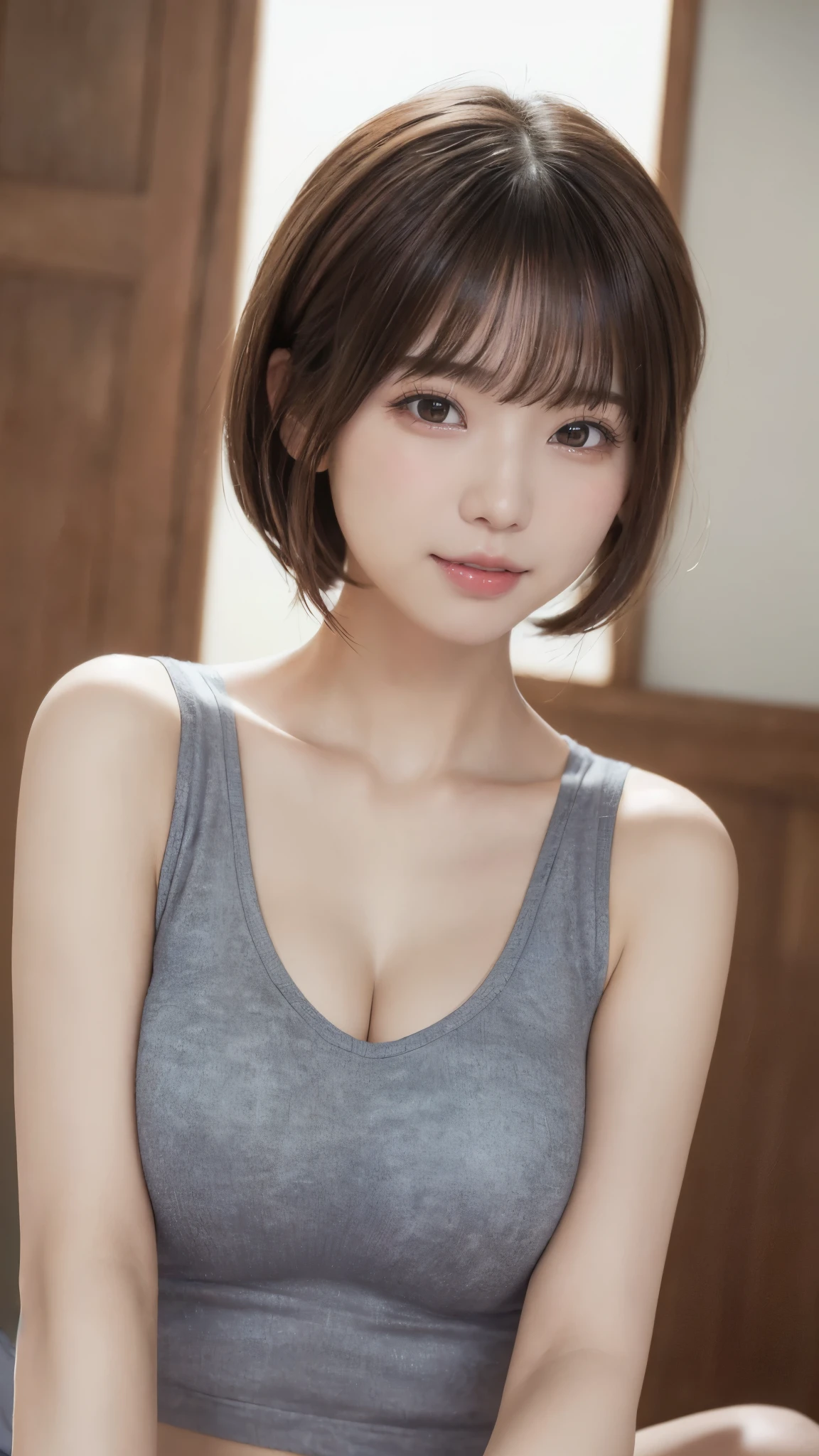 top-quality、超A high resolution、(Photorealsitic:1.4)、1人、Red camisole、(faded ash gray hair:1)、(huge-breasted:1.2)、looking at viewert、a closeup、full body Esbian、Nasty eyes、rub one's breasts、Pinching the chest