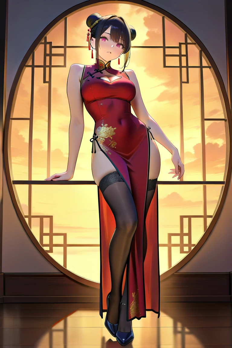 18-year-old girl, (((noble attire ))),Empress,(((Thin body type ))),Short blunt hair, beauitful face, Sateen, Roof, Masterpiece, intricately details, Perfect anatomy, (((Red jacket))), (((Tight dress))), (((Ripped)))