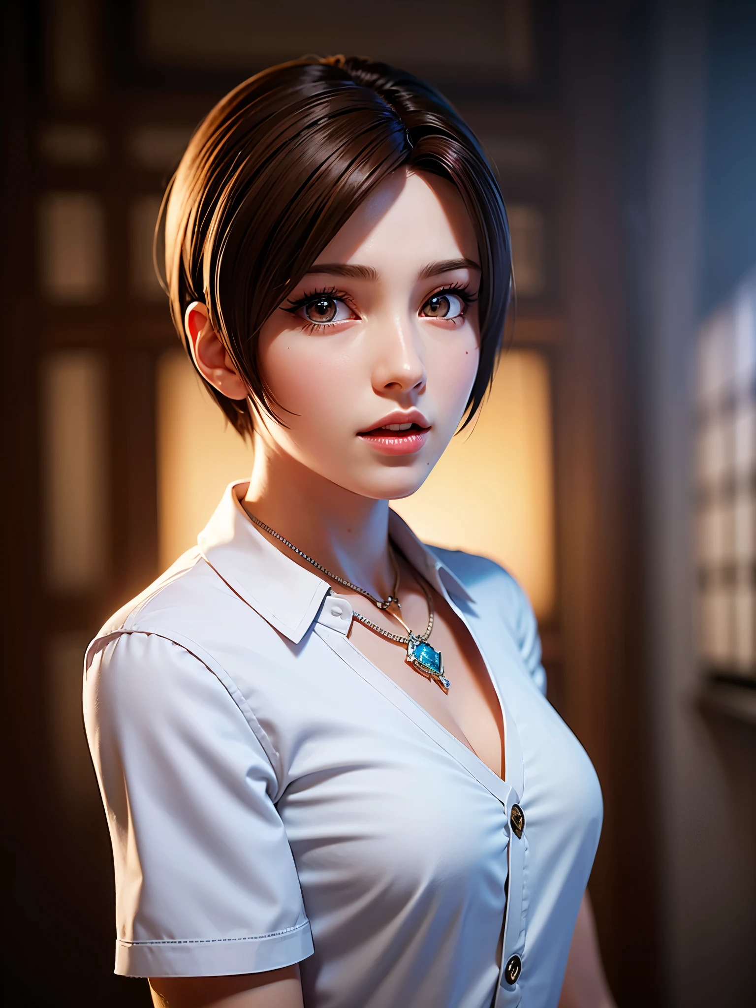 Leo de Tekken de sai curta preto, in a white blouse with low neckline and black bra, sorriso cativante, olhar sensual 