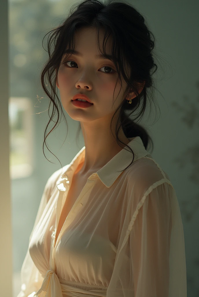 A Japanese woman wearing a loose T-shirt and bending over。Close-up of the chest。
