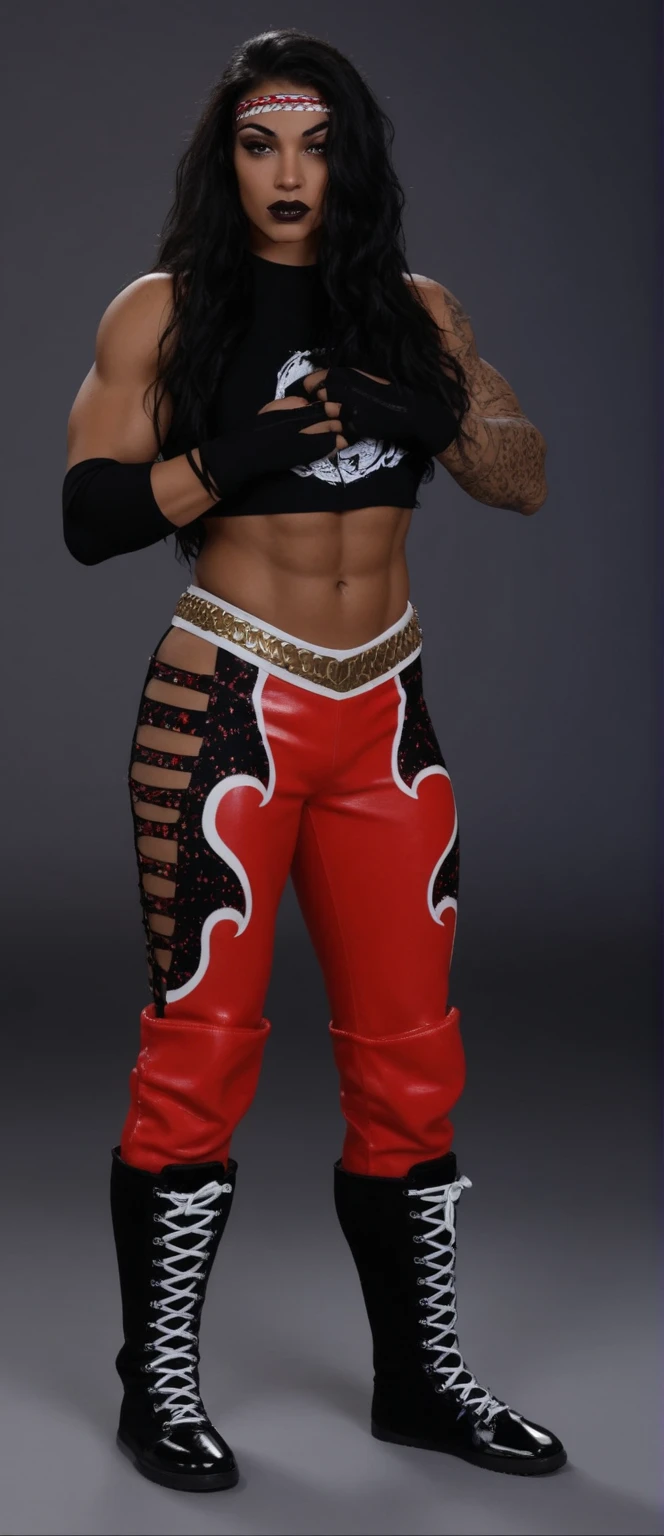 ((masterpiece, best quality)), Greek female wrestler with curly hair, in red and black geometric patterned sports bra that says "LINA", red and black geometric patterned (high cut) trunks, red and black partial gloves, red and black geometric patterned knee-pads, photo realistic, intricate details