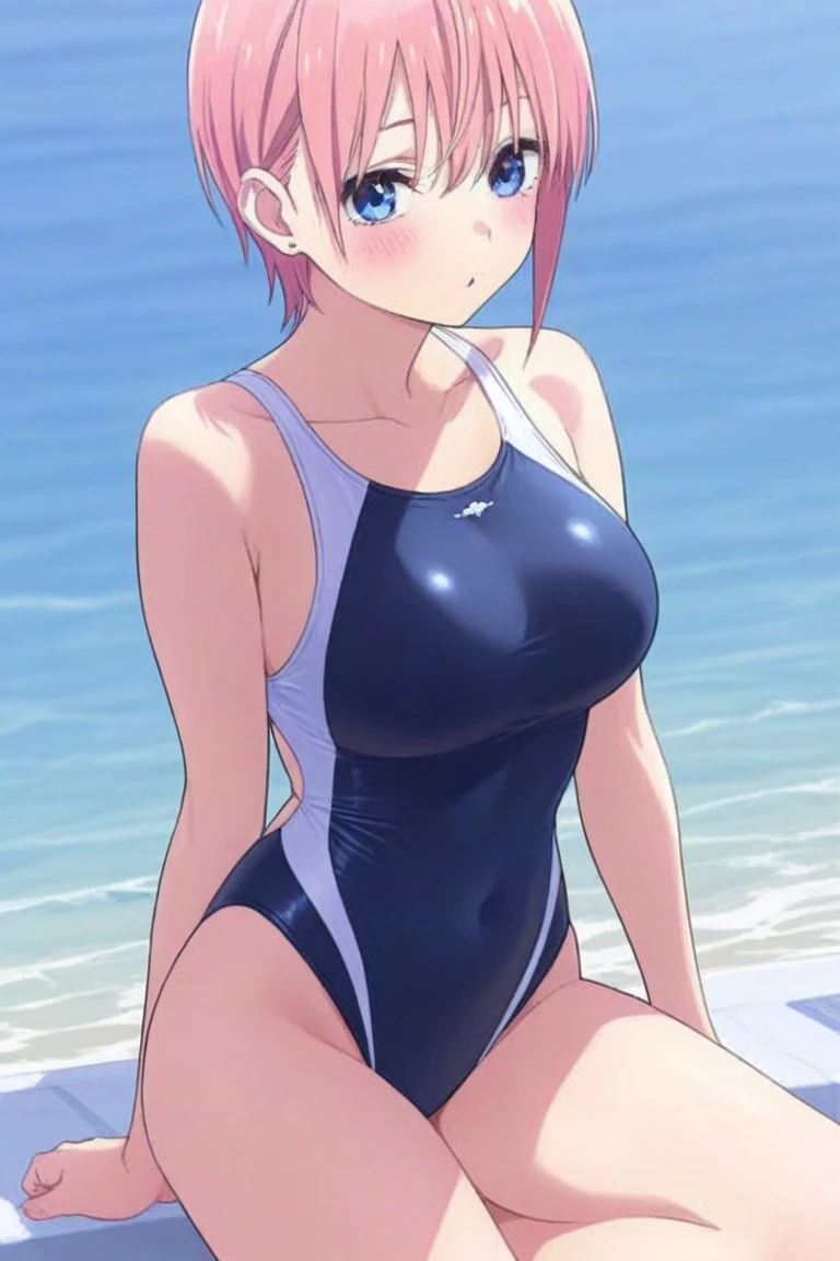 1girl, natural lighting, masterpiece, highly detailed, illustration, game CG, absurdres, high quality, aichan, large breasts, beautiful detailed eyes, medium bright pink hair, ponytail, bangs, glossy lips, blush, garden, upset, (quicksand:1.2), one-piece swimsuit, from behind, looking back at viewer