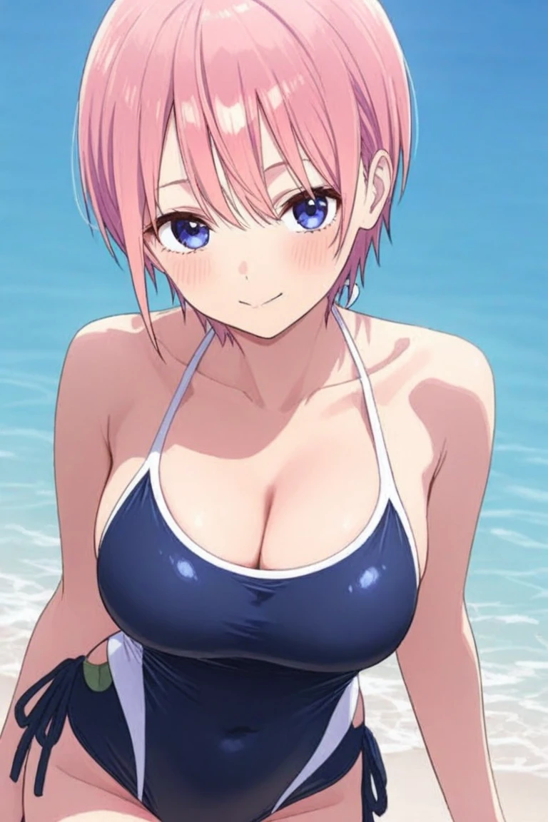 ichikanakano, ichika nakano, short hair, bangs, blue eyes, hair between eyes, pink hair, (Yellow Bikini:1.3), highest quality, High resolution, unity 8k wallpaper, (beautiful and fine eyes:1.4), highly detailed face, perfect lighting, (perfect hands, perfect anatomy), cowboy shot, background a pool, best smile,