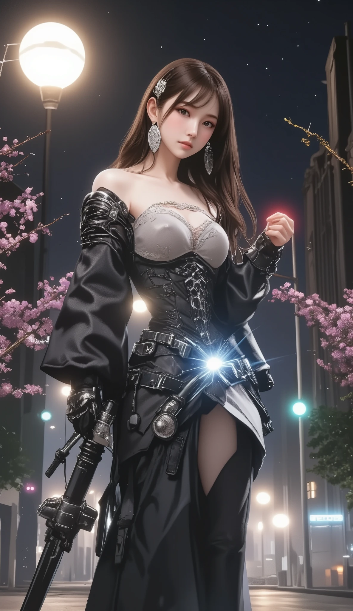 &Quotes;((Best Quality)), ((masterpiece)), Highest quality), (((masterpiece)))、((Highest quality))、(very detailed)、(CG illustration)、(so beautiful ))、 Cinematic Light 、(((mid night, moon night:1.9))), sakura, Cherry blossom trees, ((( 1 mechanical girl under 桜並木:1.9)))、 SF、Apocalypse、Erotic and grotesque、graduate School(Beautiful and luxurious:1.2)、(1 girl:1.3)、face the front, Full Body Shot , ((big breasts:1.2), (Big Breasts:1.2), (raised and crisp bust:1.2), (lifts the chest:1.2), (Perky breasts :1.2), (Deep cleavage :1.4), ( double breasted,Underbust:1.2), button gap with,((( CORSET BELTS ))),(((high waist skirt,))), Carrying two long swords on his back