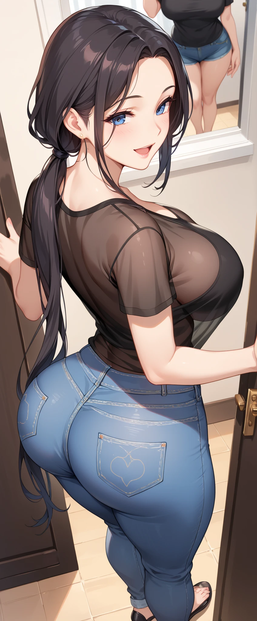 (8K、Highest image quality、highest quality、masterpiece)、detailed face、1 mature woman、Dark brown hair、long hair、((single braid))、((closed eyes))、open your mouth and laugh、pink lip、very big breasts、very big ass、((white bra))、((adjusting denim pants))、cowboy shot、leaning forward、Taken from behind、bedroom background